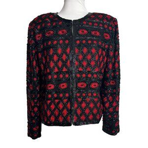 Vintage Tan Chho Silk Beaded Blazer Jacket Womens Size Small Black Red New